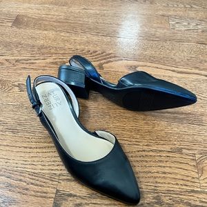 Black leather sling back heel